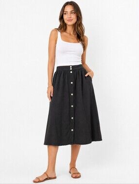Noisy May Black Button-Front A-Line Midi Skirt